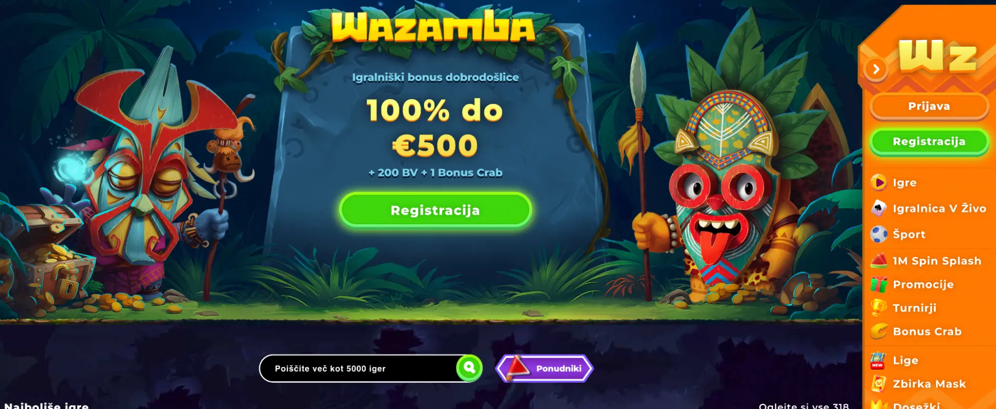 Dobrodošlica pri Wazamba Casino – 100 % bonus do 500 € + 200 brezplačnih vrtljajev Maskoti z Wazamba Casina ob registracijskem bonusu do 500 €